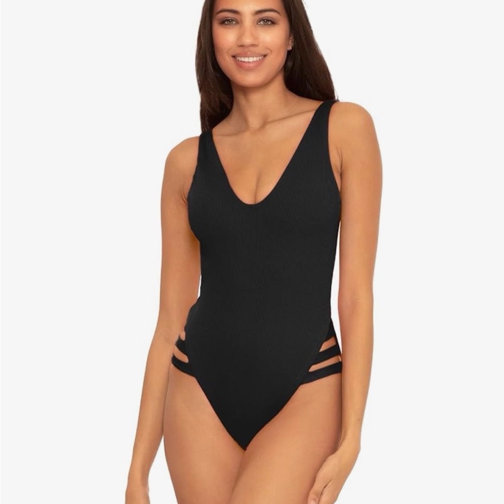 BECCA by Rebecca Virtue Fine Line Rib Sophie Strappy High Leg One-Piece White - Picture 2 of 4